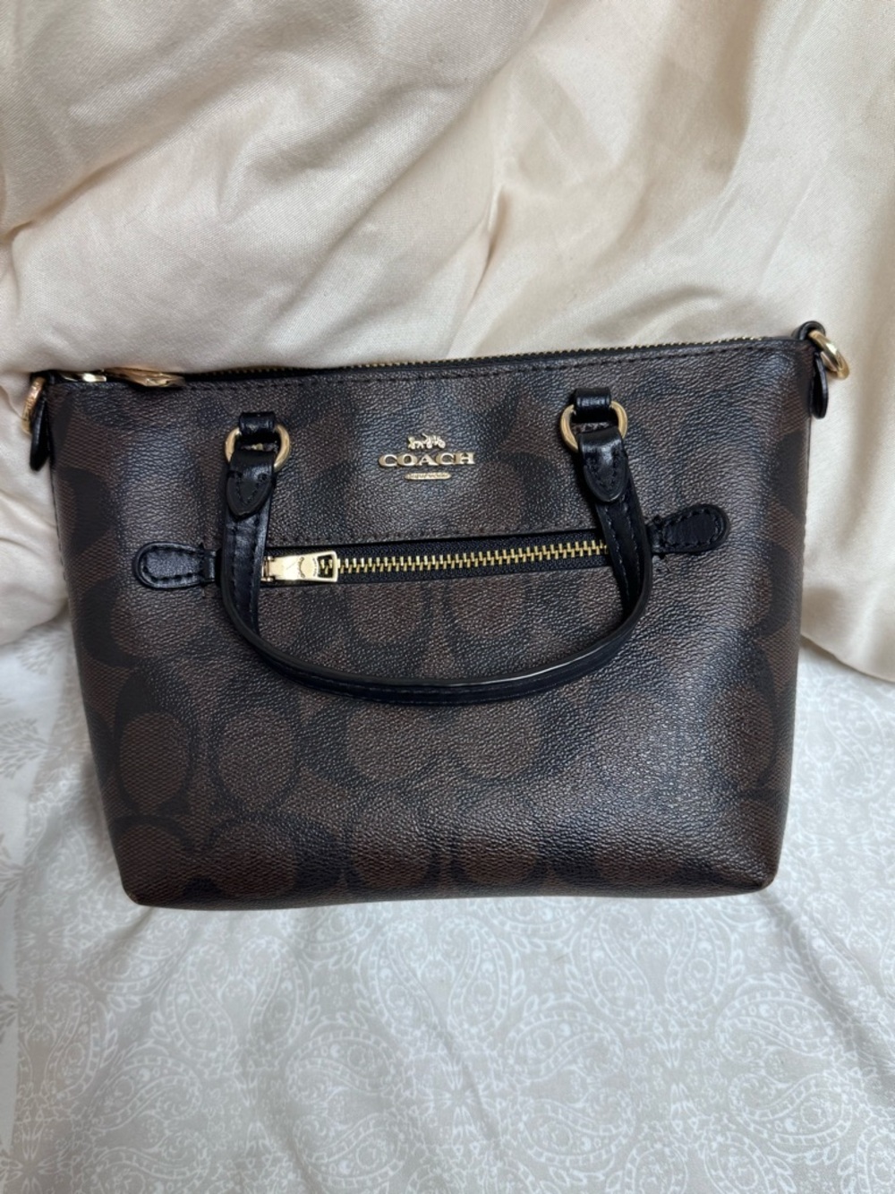 Coach Dark Brown Signature Crossbody Satchel with Black Trim - Picture 2 of 5